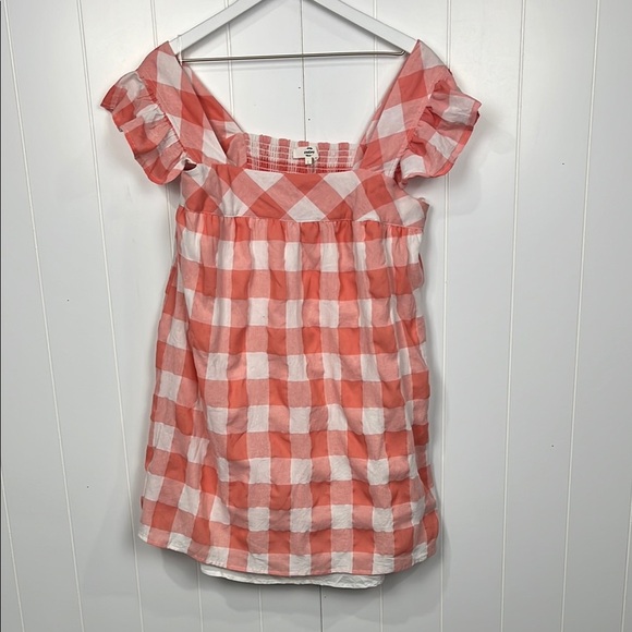 Entro Tops - Entro Womens Tunic L Melon/White Gingham Ruffle Short Sleeves Lined Smocking EUC